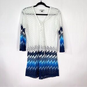 J Valdi White Blue Lace Up Drawstring Cover Up Dress  Lace Ombré Sz Large